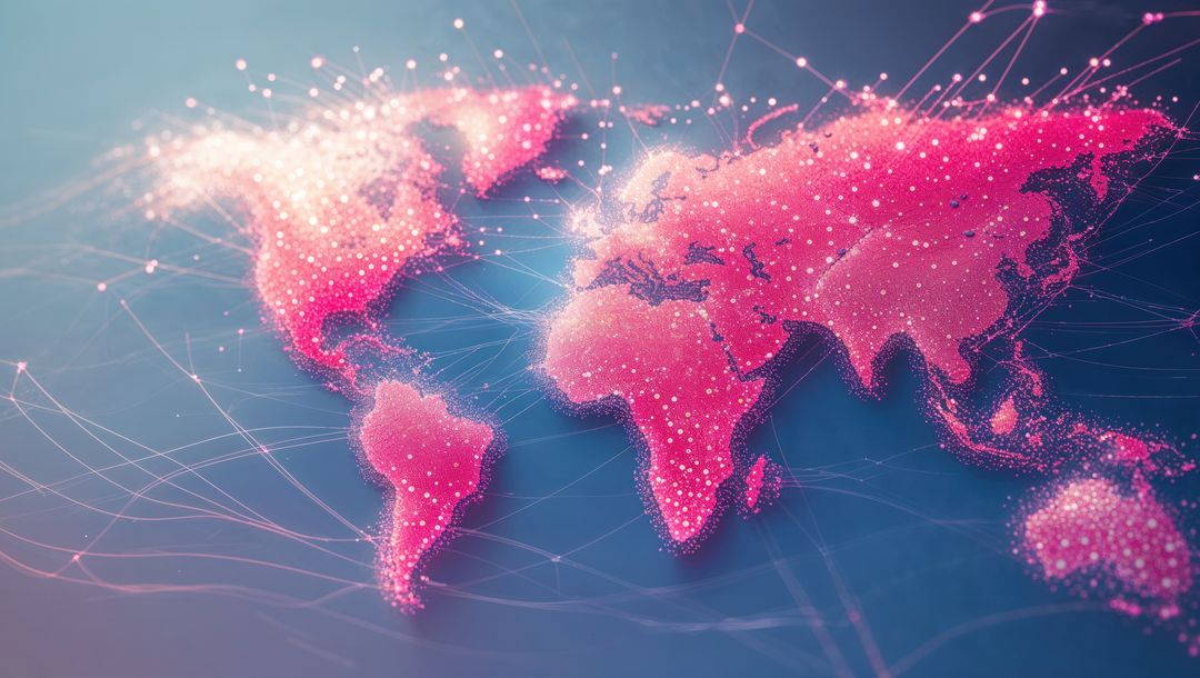 Digital World Map Visualization with Glowing Pink Network Connections