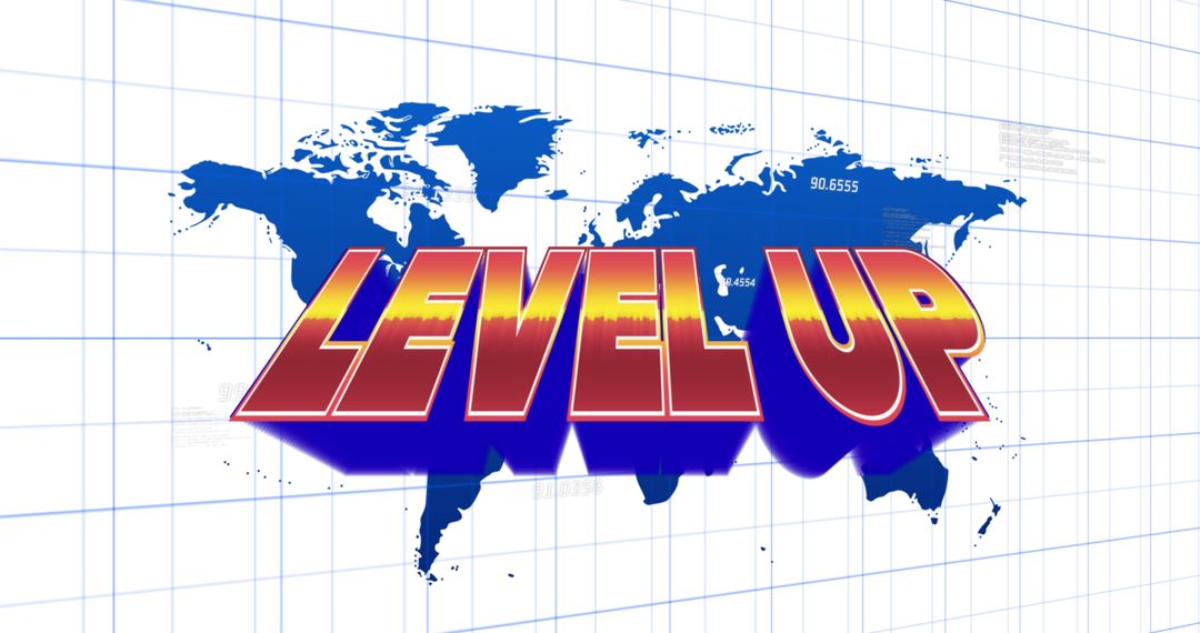 Level Up Text with World Map Hologram Background