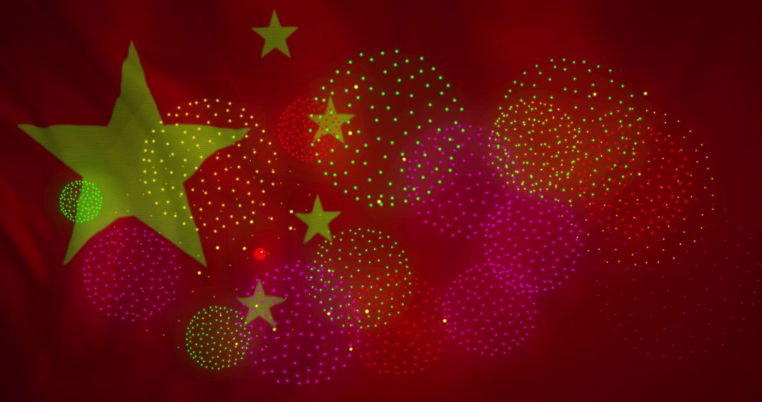 Chinese National Flag with Vibrant Fireworks Display