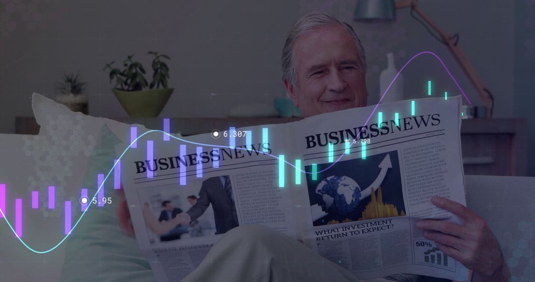 Senior Man Reading Business News with Financial Graph Overlay - Free Images, Stock Photos and Pictures on Pikwizard.com