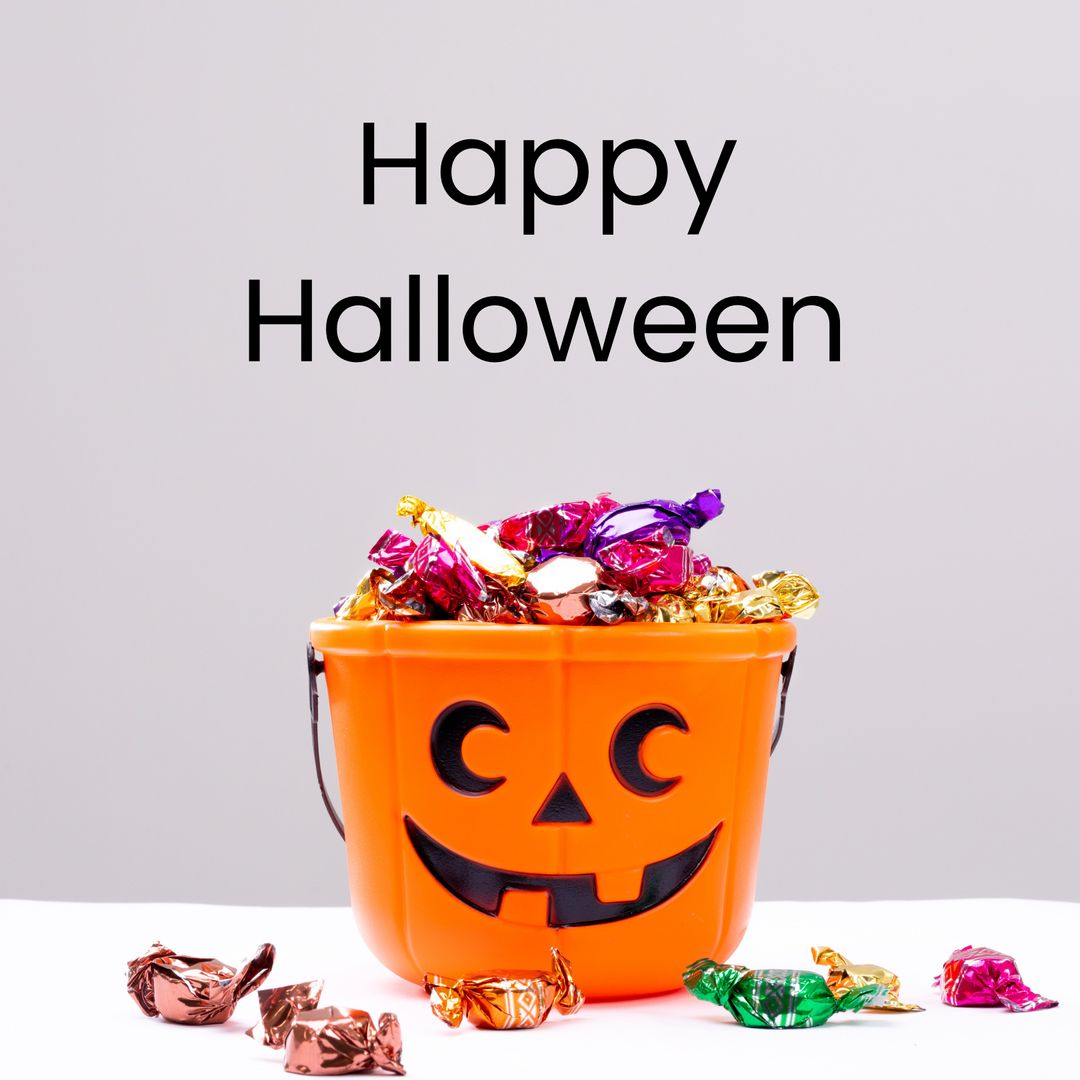 Halloween Candy Bucket with Text on Gray Background