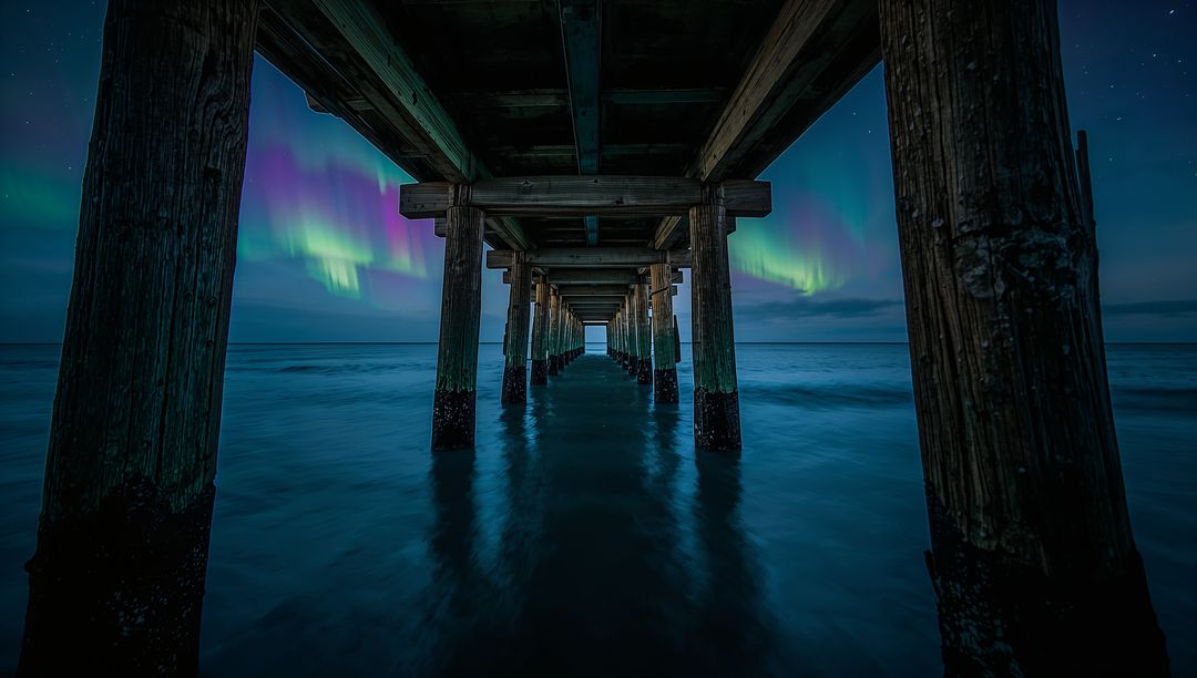 Under Pier Leading Lines Revealing Northern Lights over Long Exposure Ocean Reflection