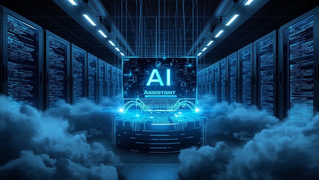 Futuristic Server Room with AI Assistant Hologram and Digital Fog