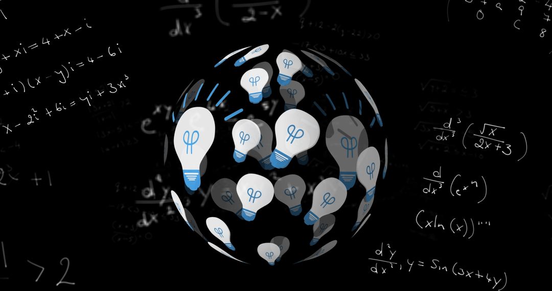 Spinning Globe of Light Bulbs and Formulas on Black Background