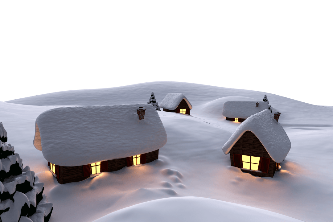 Tranquil Christmas Village Illustration with Snow on Transparent