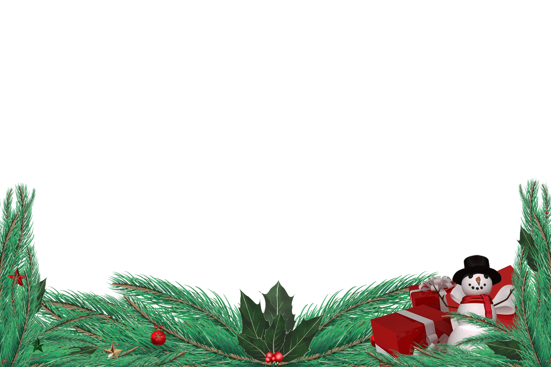 Transparent Festive Frame with Fir Branch and Snowman Decorations