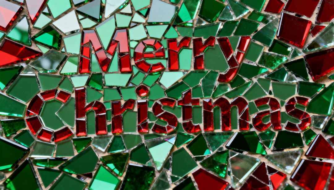 Mosaic Merry Christmas Red Glass Lettering with Green Tessellated Shards Festive Pattern