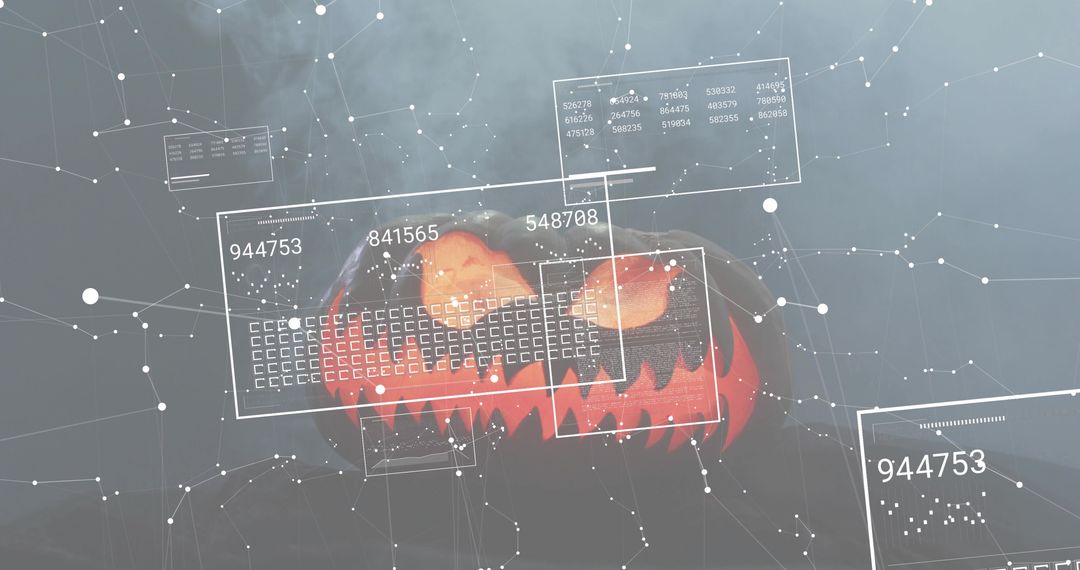 Glowing jack-o-lantern emitting orange light with AR data HUD, fog and tech overlay