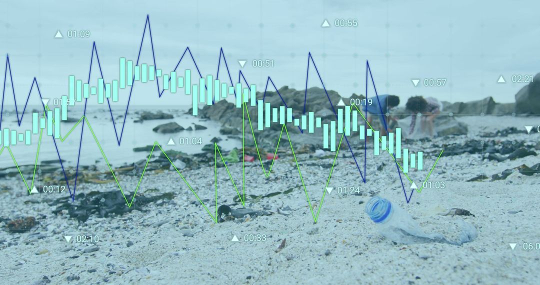 Eco-Friendly Beach Cleanup with Digital Analytics Overlay