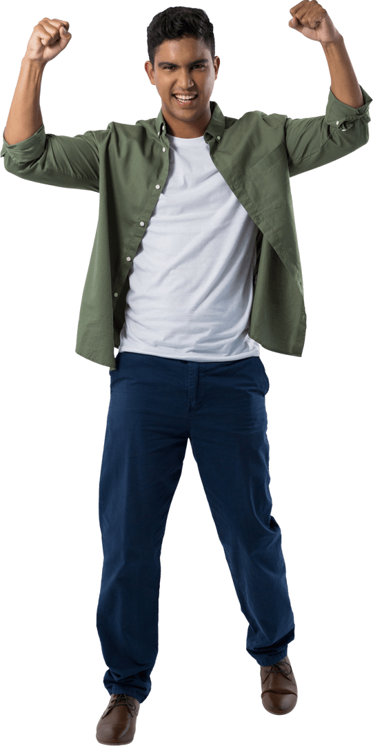 Young Man Celebrating in Green Shirt with Confident Expression on Transparent Background