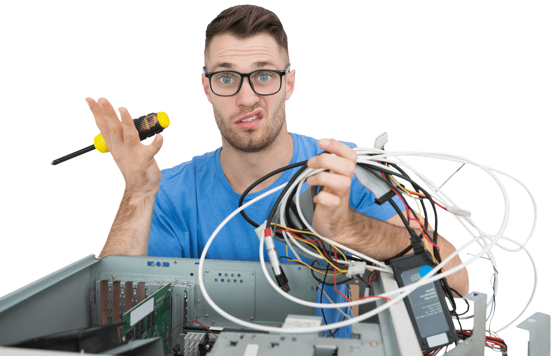 Confused IT Professional Handling Complex Wiring in Transparent Background