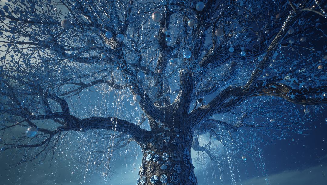 Mystical Fantasy Tree Adorned with Glass Ornaments at Twilight