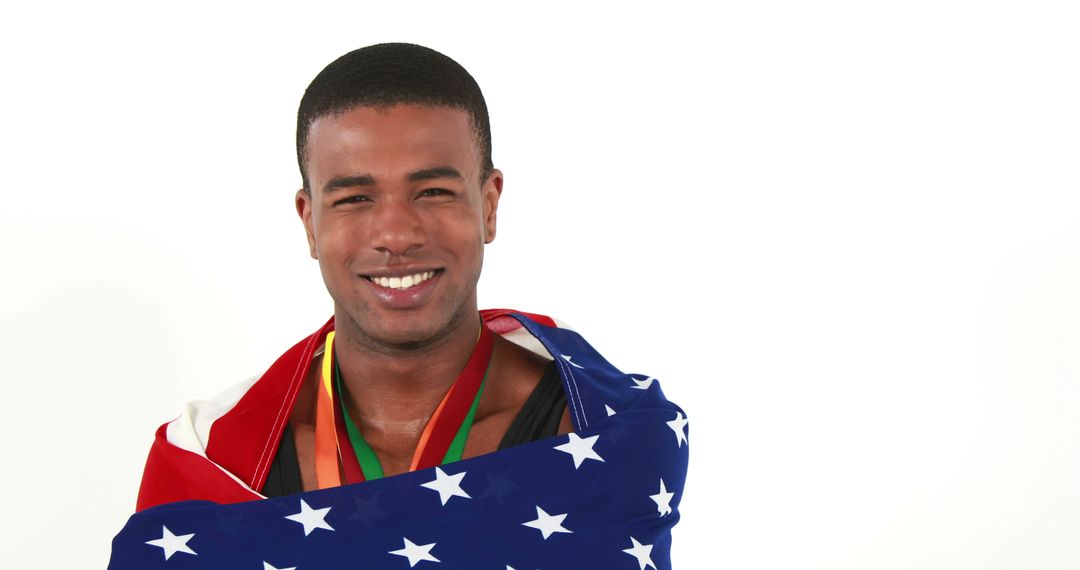 Athlete Smiling Wrapped in American Flag with Medals - Free Images, Stock Photos and Pictures on Pikwizard.com