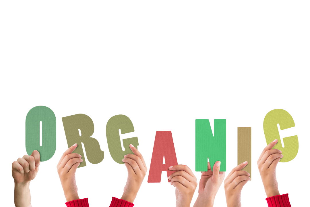 Hands Raising Organic Text on Transparent Background