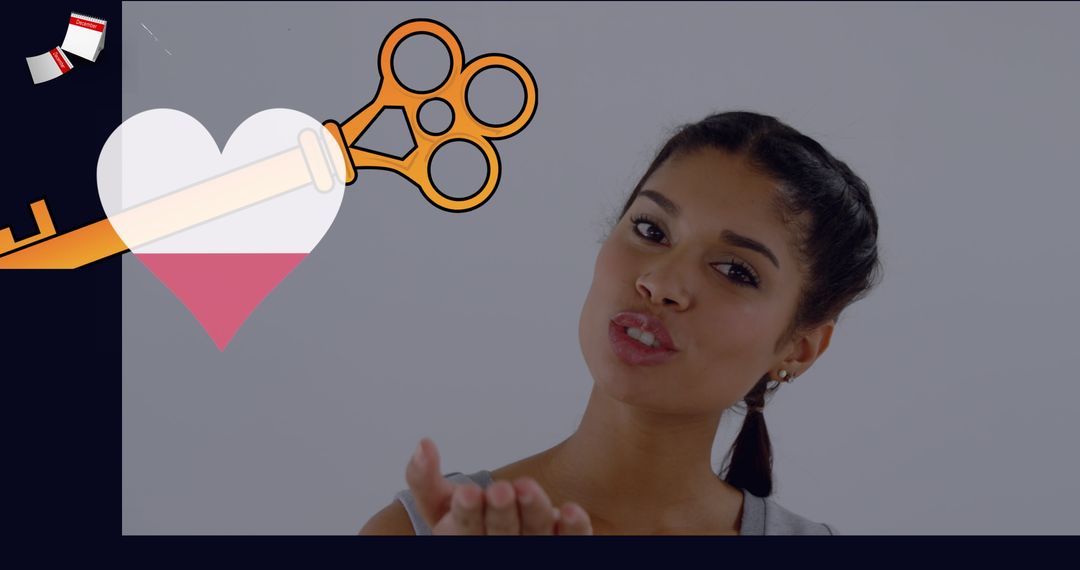 Heart and Key Graphic with Woman Blowing Kiss