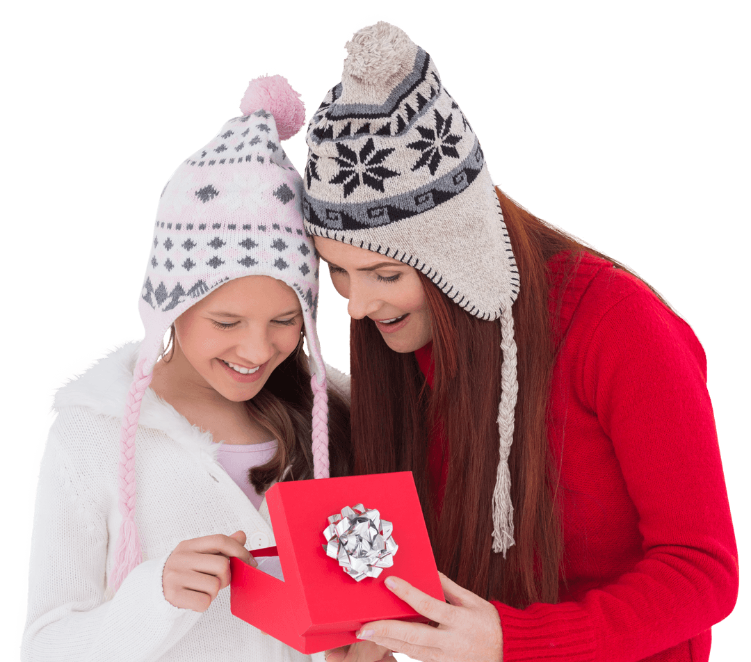 Caucasian Mother and Daughter with Gift Box on Transparent Background
