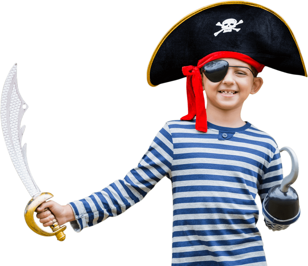 Happy Child Dressed as Pirate with Sword and Hat, Clear Background