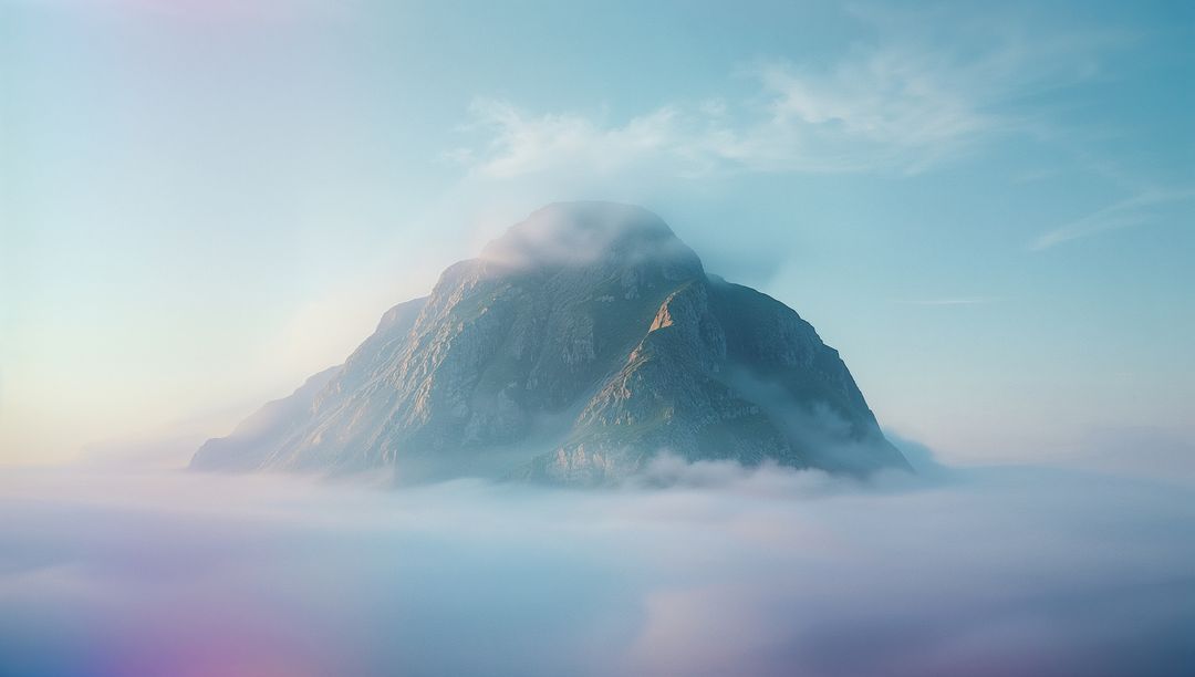 Mysterious Mountain Peak Soaring Above Ethereal Misty Clouds