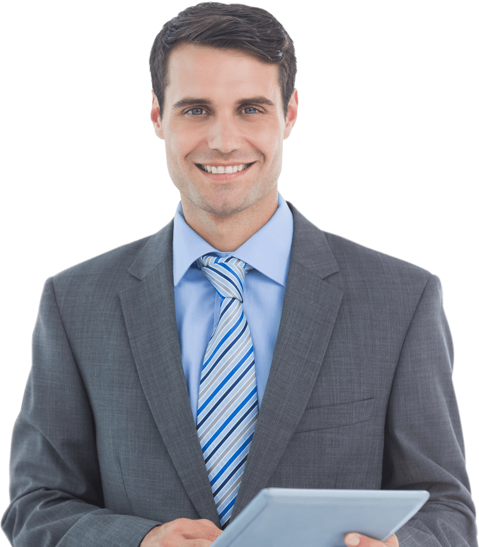 Transparent Smiling Business Professional Holding Tablet