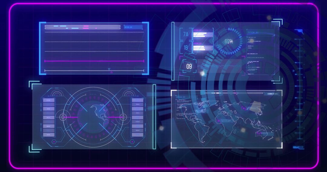 Futuristic Digital Interface with Data and Globes
