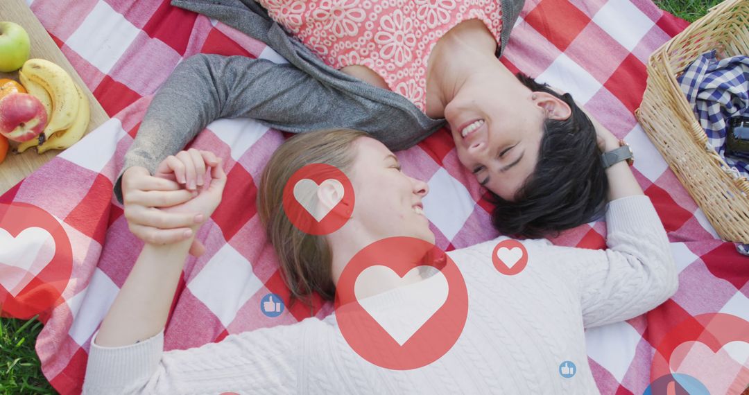 Romantic Picnic with Heart Icons and Female Couple