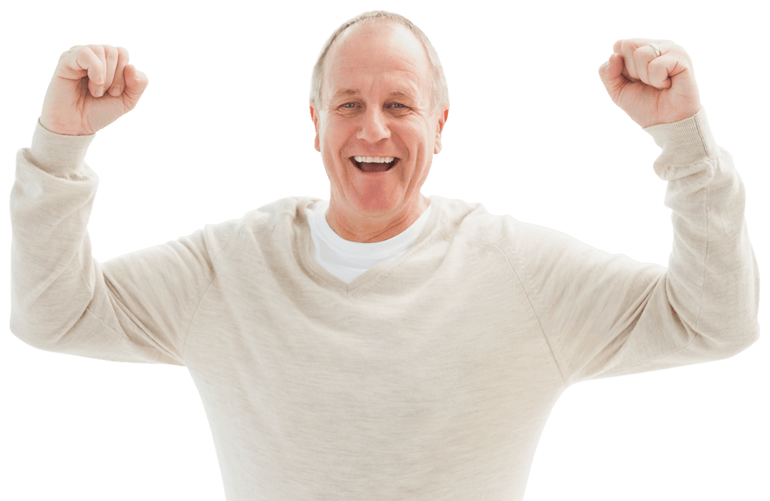 Joyful Mature Man Celebrating with Arms Raised on Transparent Background