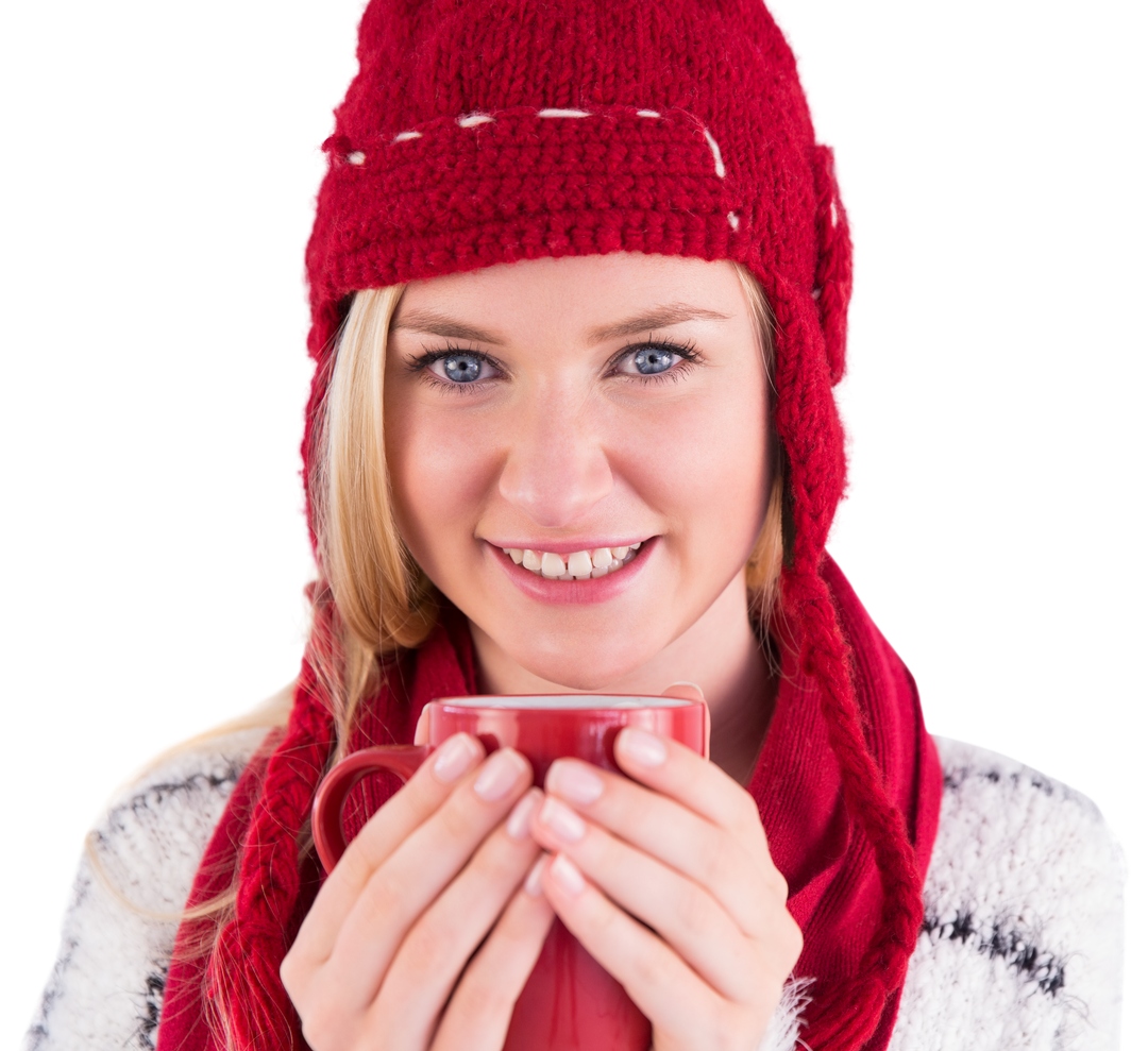 Transparent Smiling Blonde Woman in Red Beanie Holding Mug - Download Free Stock Images Pikwizard.com