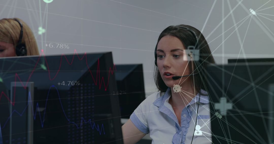 Data Analyst Using Headset Surrounded by Digital Financial Icons