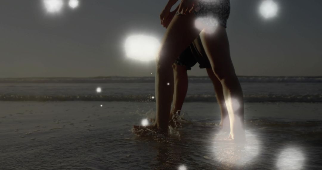 Romantic Beach Stroll at Twilight with Glowing Orbs