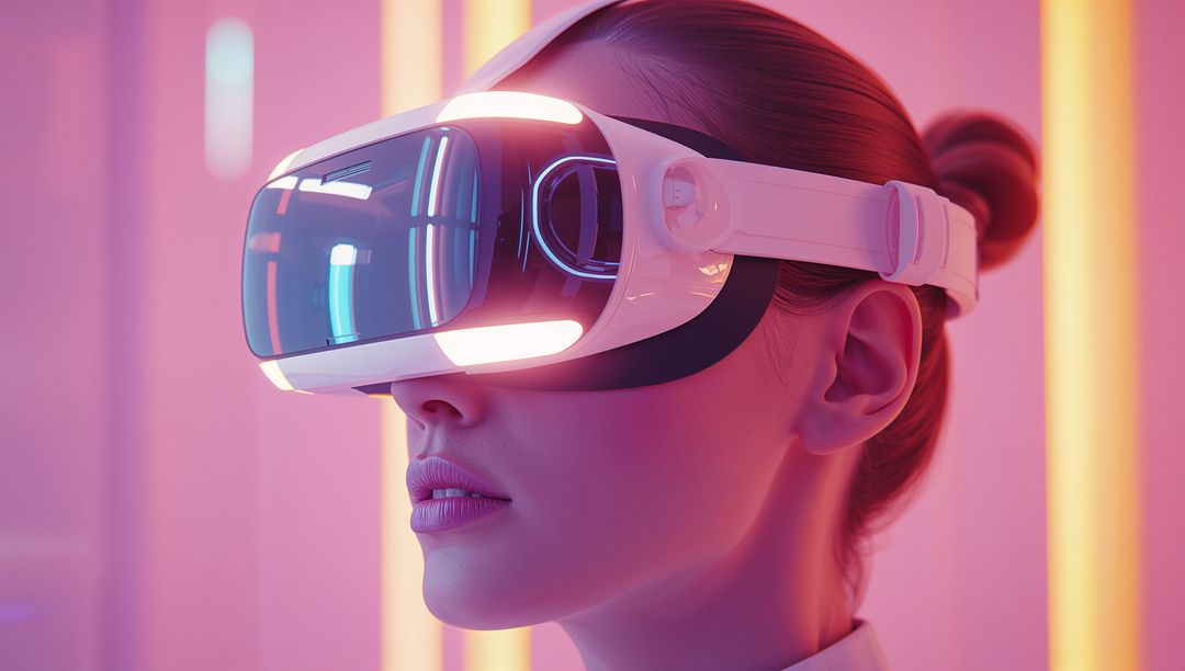 Woman Exploring Virtual Reality in Futuristic Neon Environment