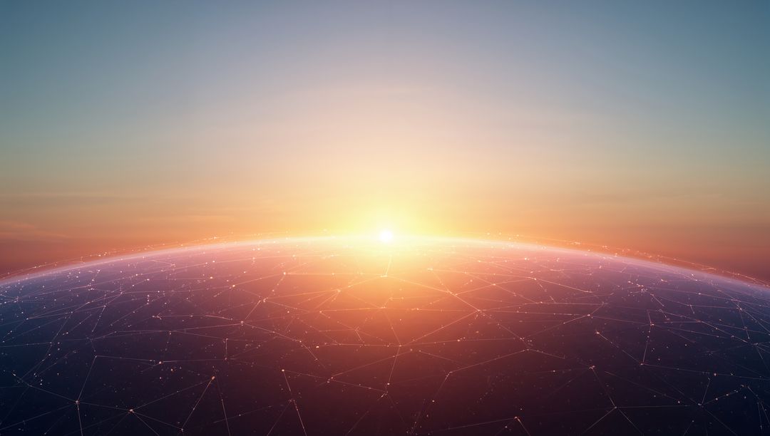 Global Digital Network Sunrise Over Curved Planetary Horizon with Connected Nodes and AI