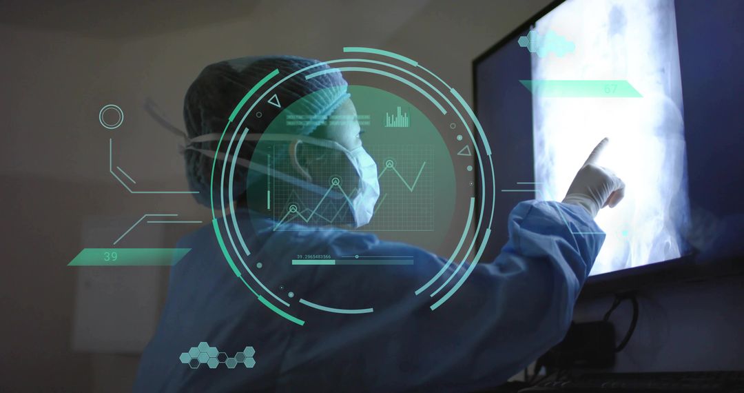 Female Radiologist Pointing at X-ray Monitor with Teal Augmented Reality HUD Overlay