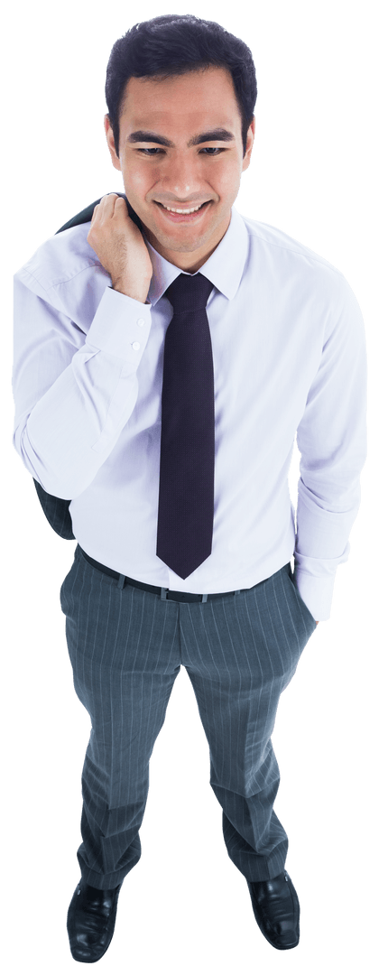 Smiling Biracial Businessman Standing Holding Jacket Transparent