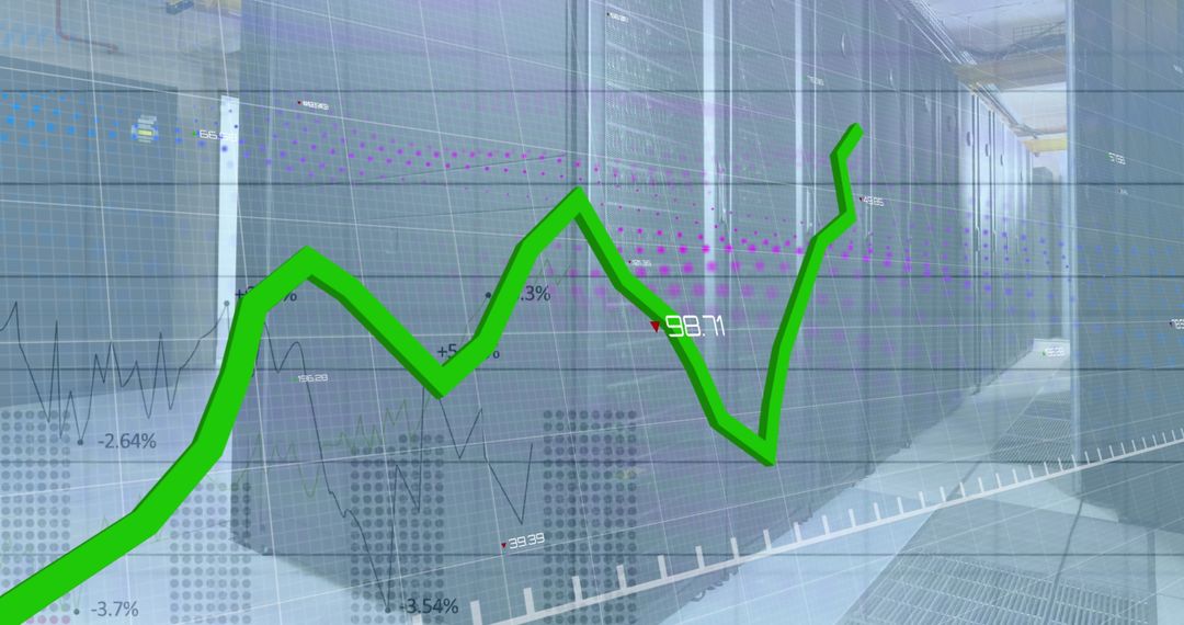 Financial Growth Graph Overlay on Server Room Infrastructure