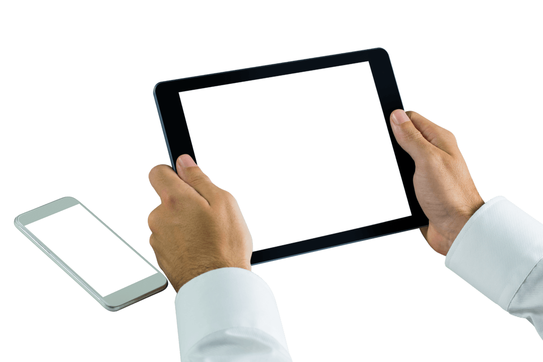 Businessman Holding Tablet with Blank Screen on Transparent Background