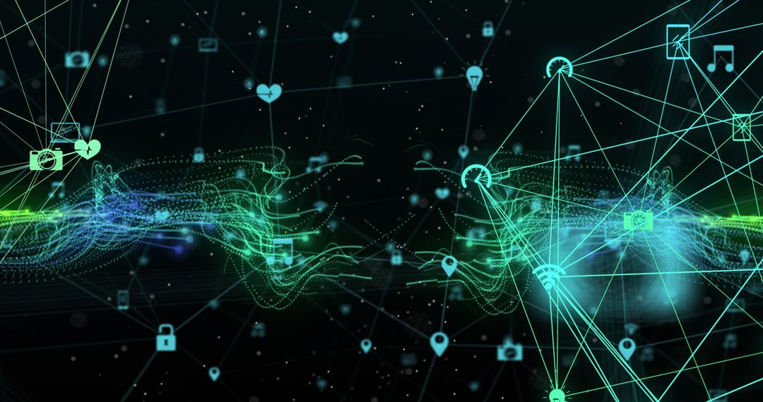 Interconnected Network of Technological Media Icons on Dark Digital Background