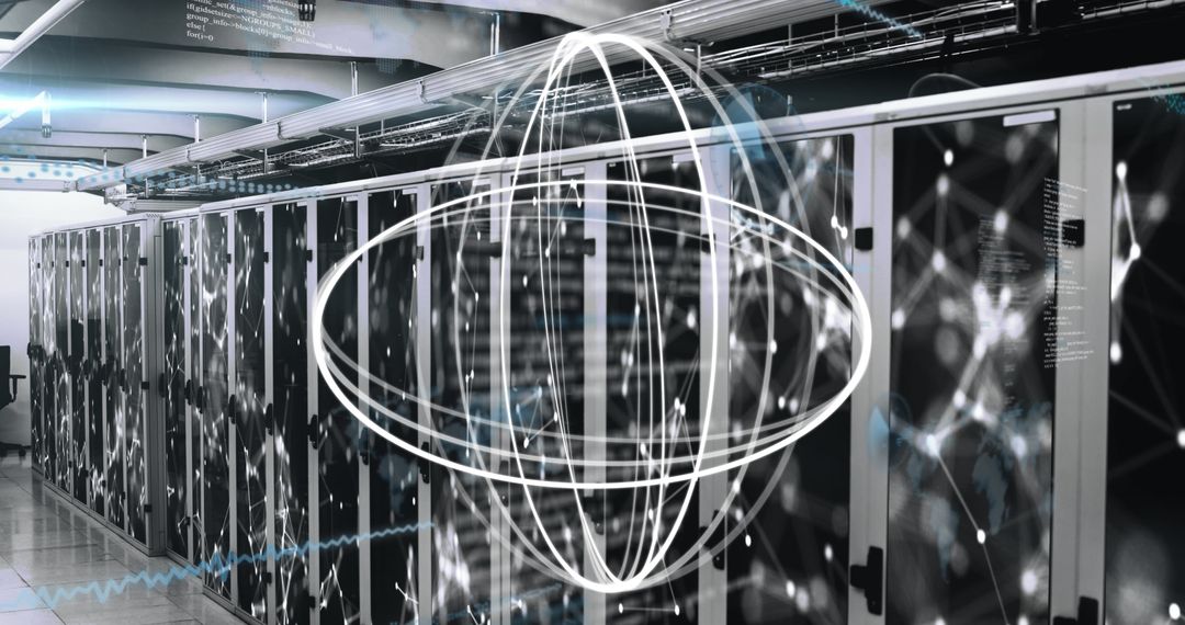Futuristic Data Center with Digital Data Sphere Overlay