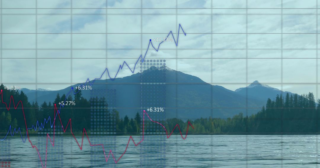 Mountain Lake Reflection with Data Visualization Overlay