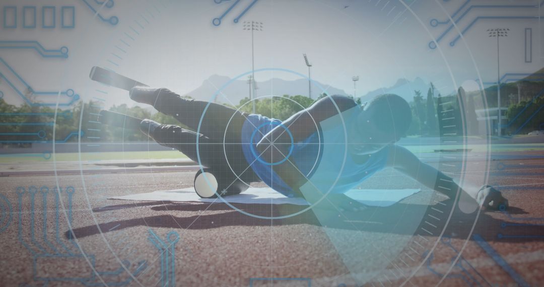 Paralympic Sprinter on Track with Futuristic Digital Interface