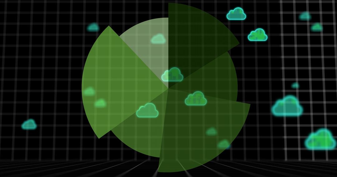Digital Radar Screen with Cloud Icons on Grid Background