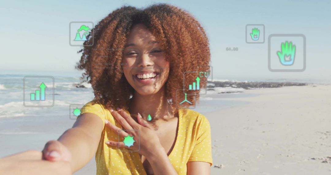 Smiling Woman on Beach with Augmented Reality Overlays