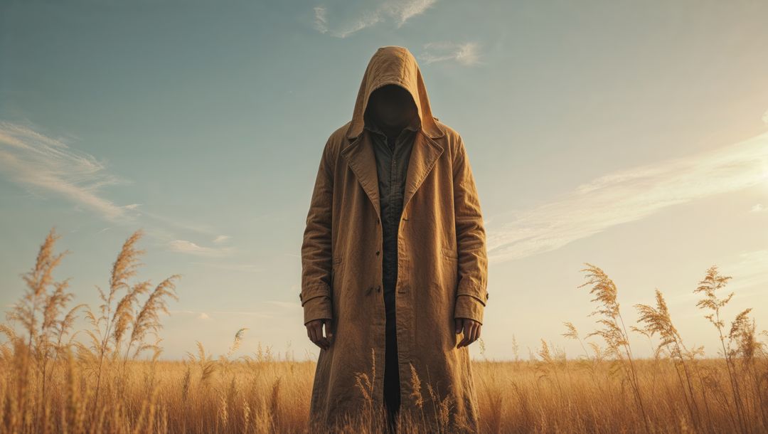 Mysterious hooded figure in tranquil field environment, forgiveness concept