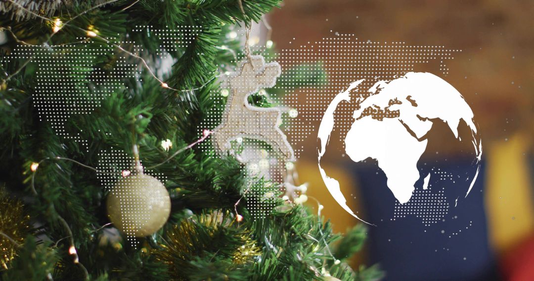 Festive Global Holiday Tree with Globe Overlay, Warm Bokeh Lights and Gold Ornament