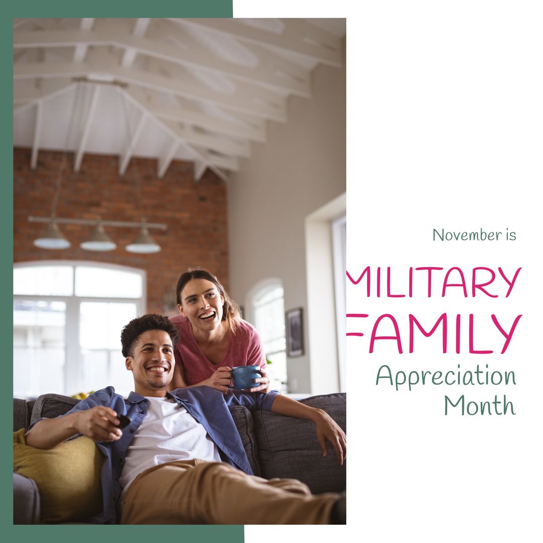 Happy Military Family Relaxing at Home with Remote Control