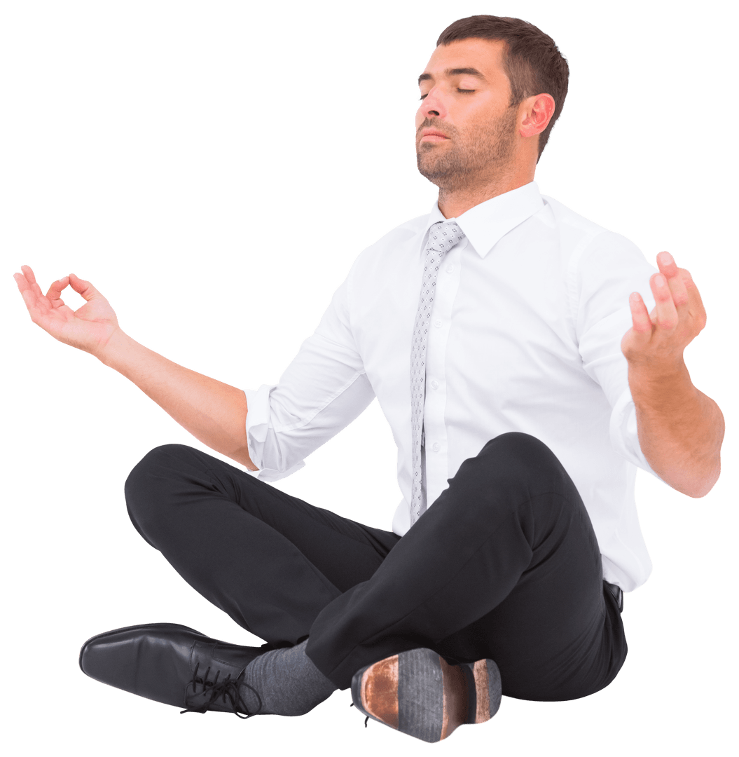 Businessman Meditating in Lotus Pose on Transparent Background