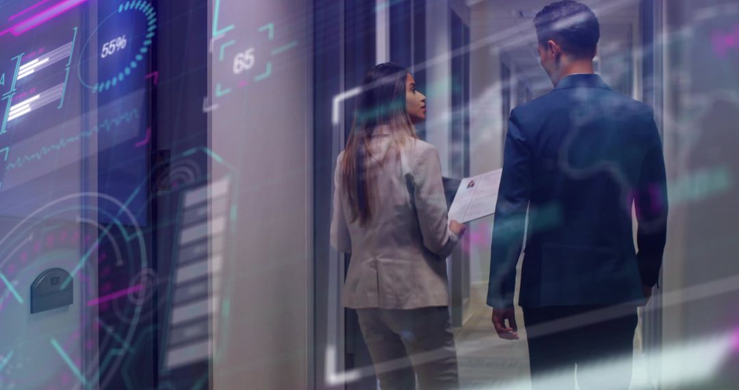 Suited Professionals Analyzing Holographic Charts in Office Hallway