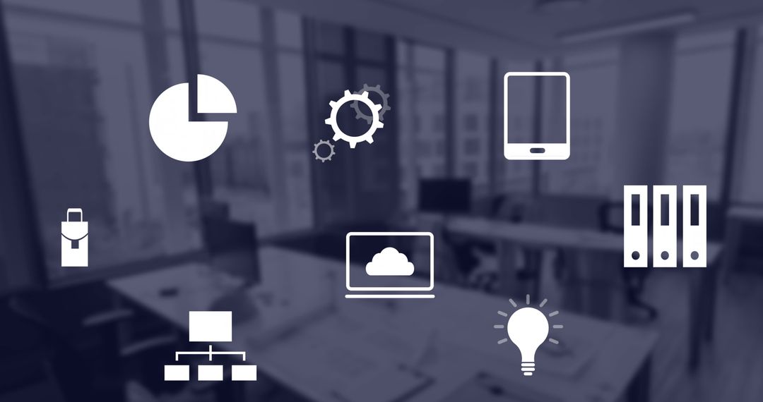 Abstract Technology Icons Over Modern Office Background