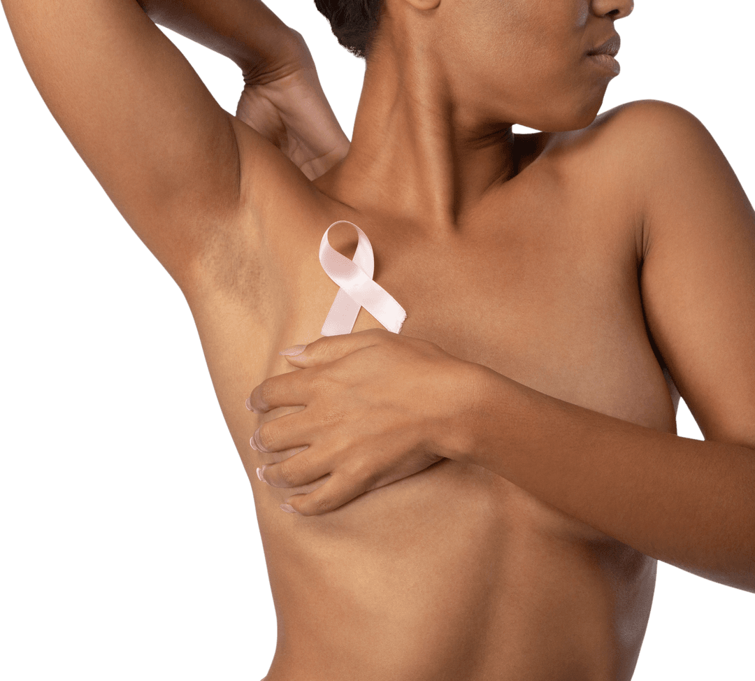 Transparent Breast Cancer Awareness with Ribbon on Woman’s Chest