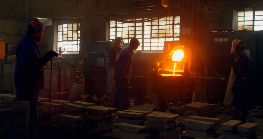 Workers in Factory Pouring Molten Metal into Casting Molds - Free Images, Stock Photos and Pictures on Pikwizard.com