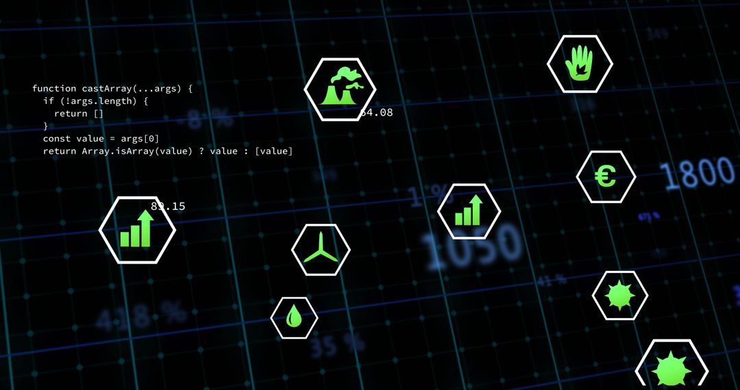 Neon fintech dashboard with hexagonal analytics icons and code overlay on glowing grid